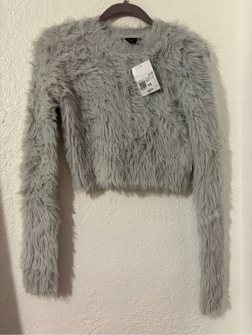 Faux Fur Long-Sleeve Crop Sweater - Light Gray
